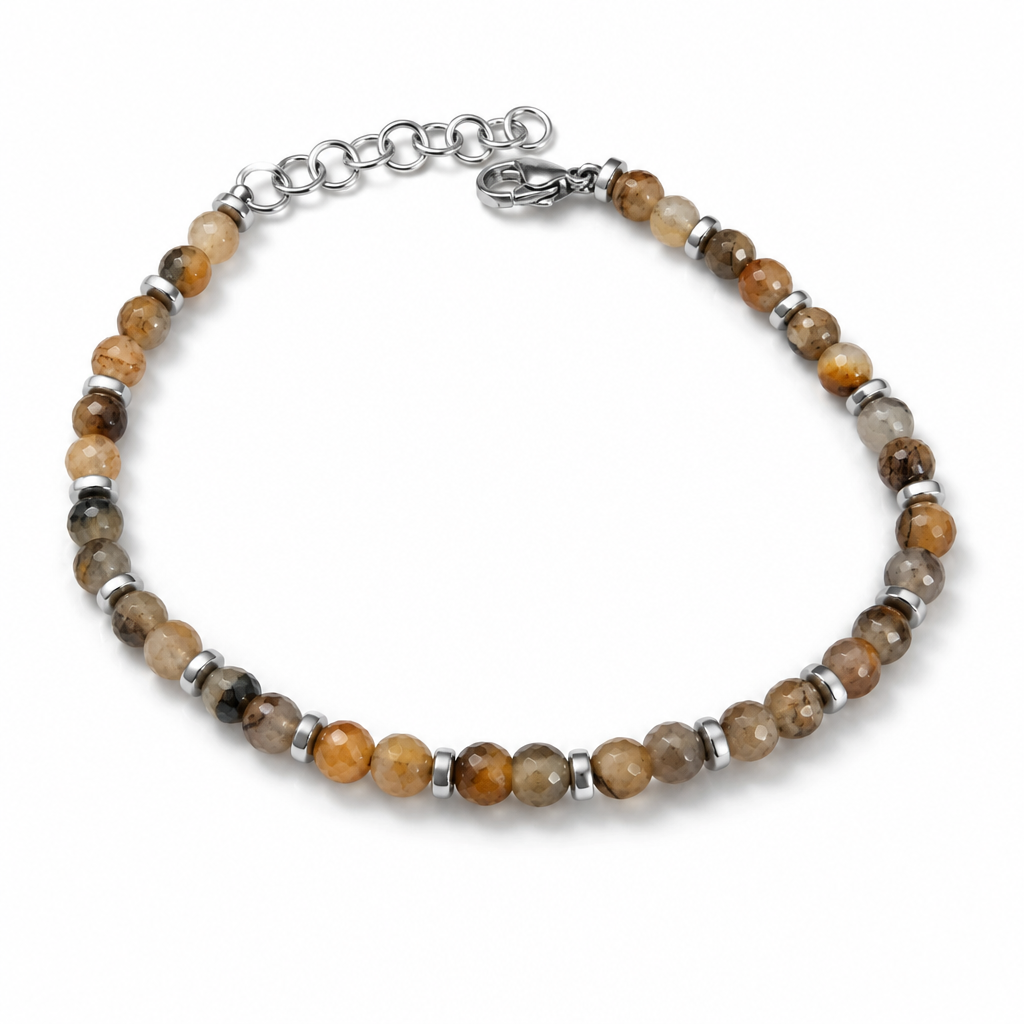 Bracciale in acciaio con agata naturale sfaccettata nei toni miele, beige, marrone e grigio, con moschettone e prolunga