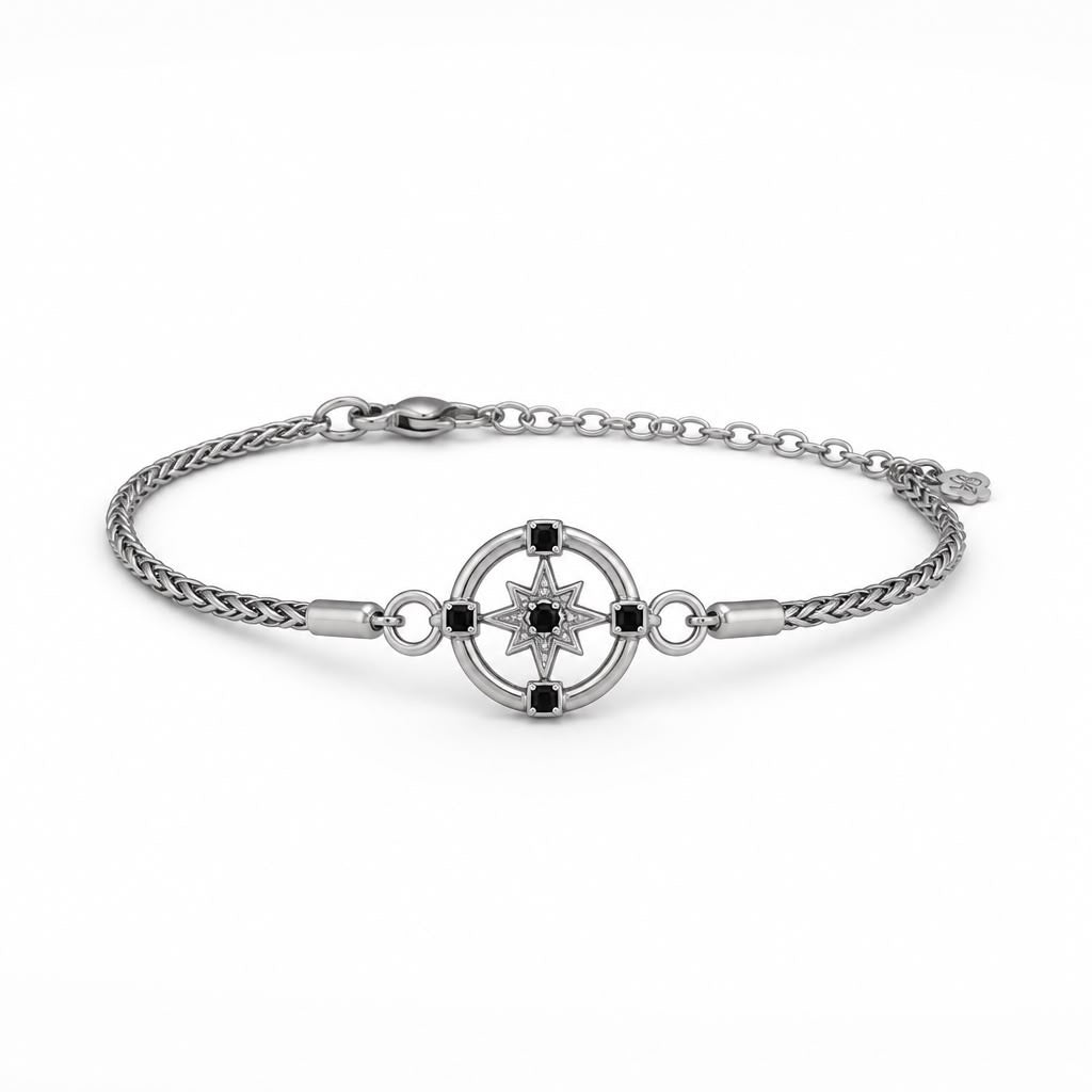 Bracciale in Argento 925 con Rosa dei Venti e Zirconi Neri – 21 cm Regolabile | CM Silver Jewels