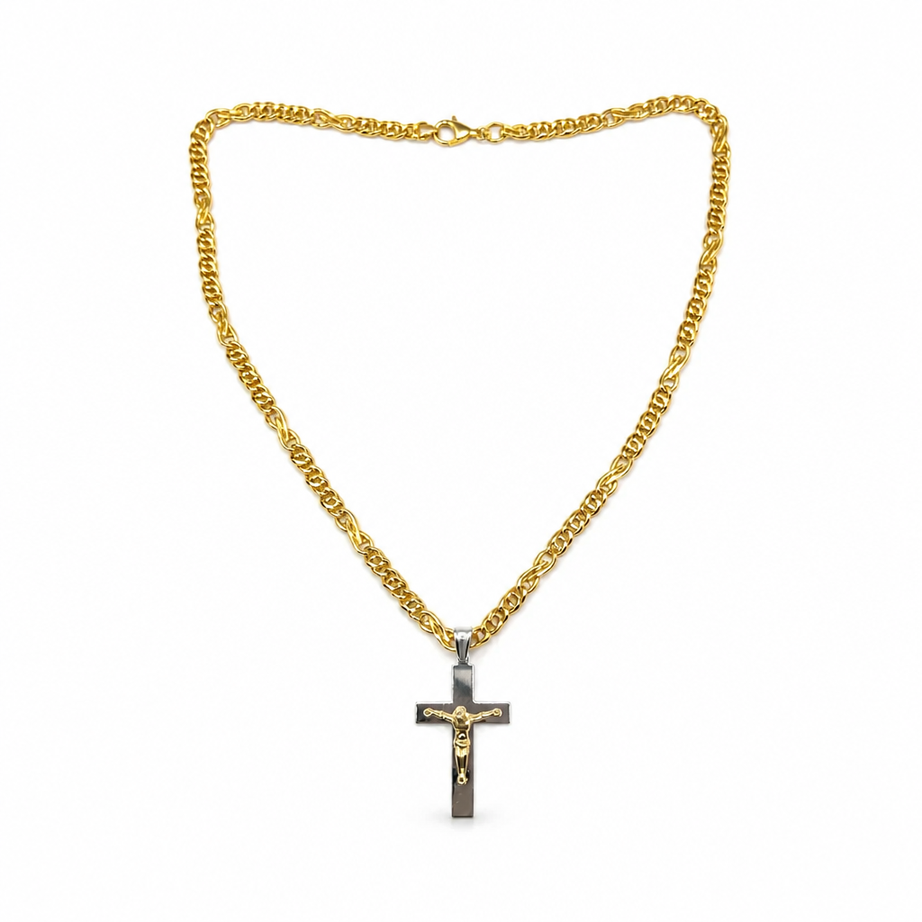 Set Collana in Argento 925 Placcato Oro con Croce Bicolore – 50 cm, 5 mm | CM Silver Jewels