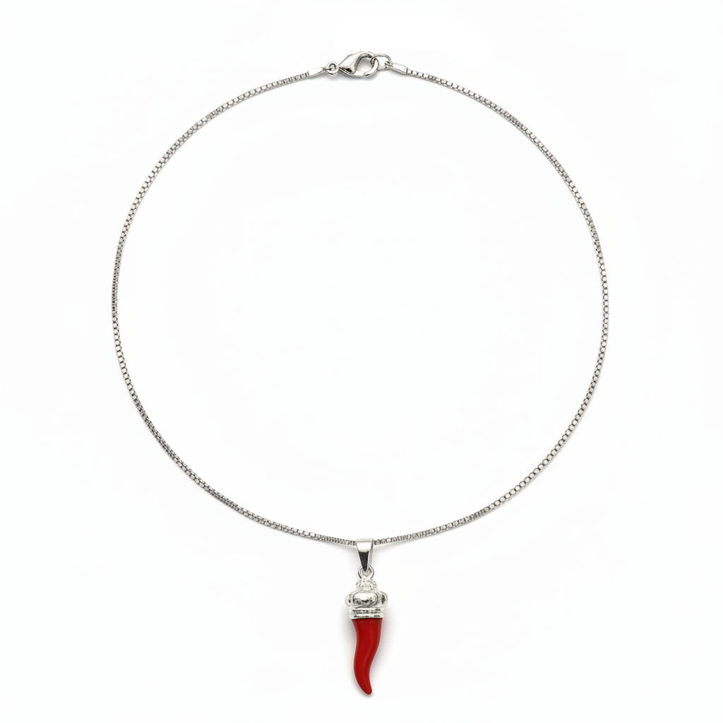 Collier Corne Porte-Bonheur en Argent 925 Émaillé Rouge – Gravures Baroques | CM Silver Jewels