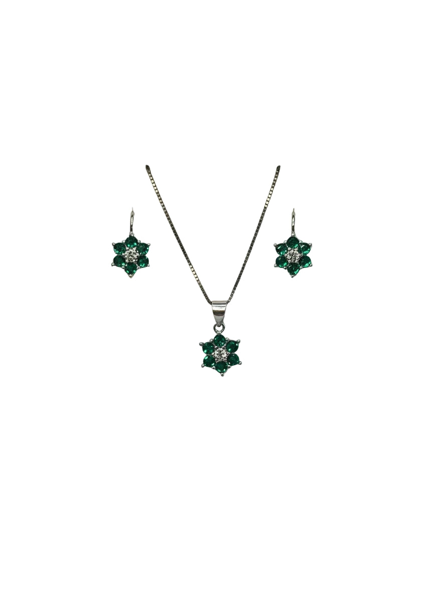 Set Collana e Orecchini Fiore in Argento 925 con Zirconi Verdi – Bambina - Gioielleria CM SILVER & JEWELS