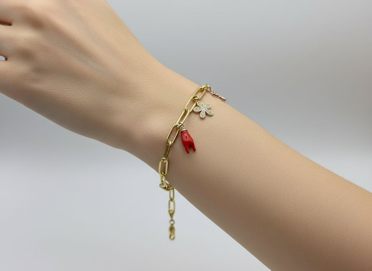 Bracciale in Argento 925 con Charms Corna, stella, fiore - Gioielleria CM SILVER & JEWELS