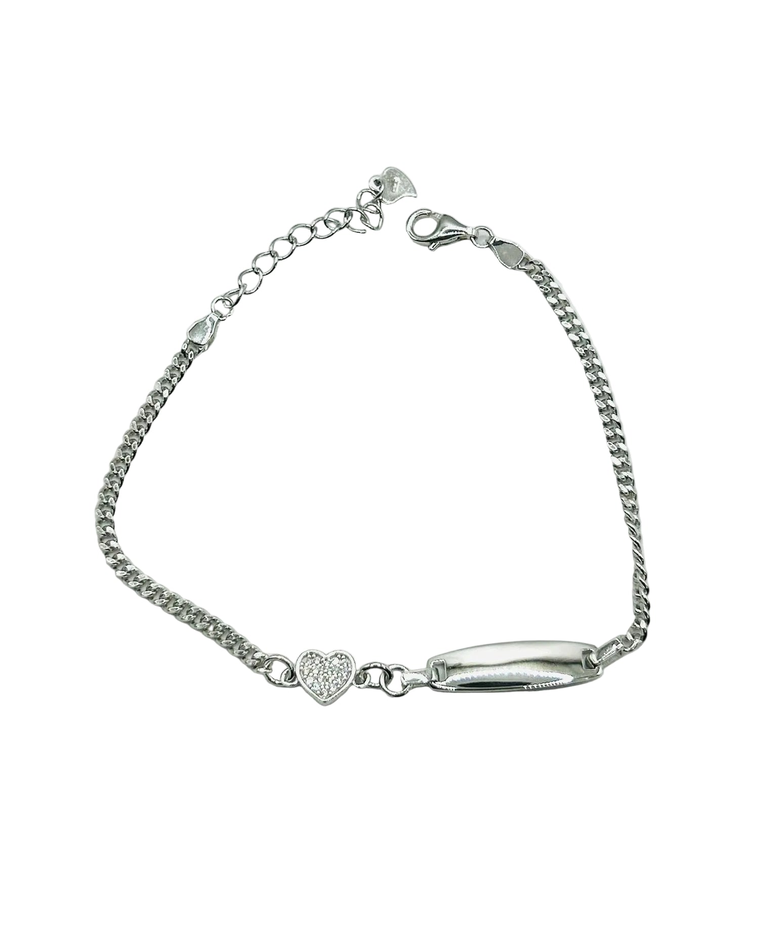 Bracciale argento 925 con cuore pavé e targhetta, stile elegante e minimalista, catena sottile