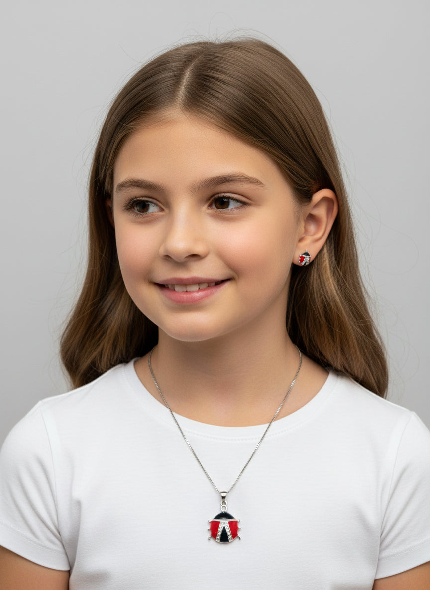Set Bambina Coccinella in Argento 925 – Collana e Orecchini - Gioielleria CM SILVER & JEWELS