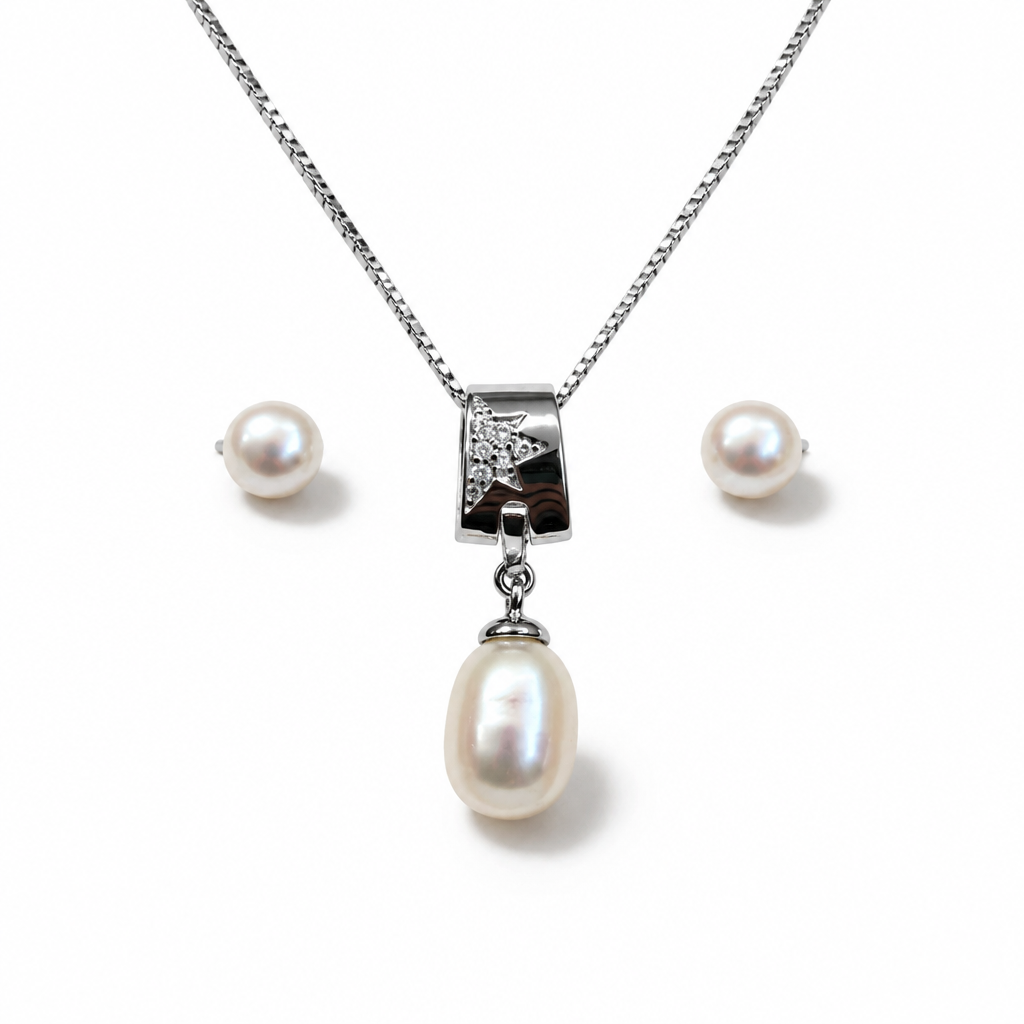 925 Sterling Silver Jewelry Set with Pearls, 30 mm Pendant and 5 mm Earrings | CM Silver Jewels