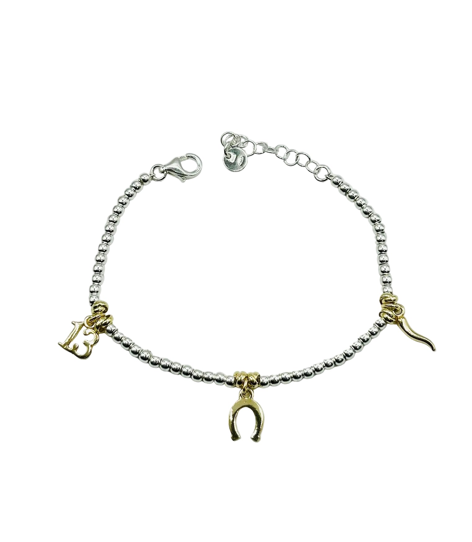 Bracciale in argento 925 con ciondoli in oro 18k, forma a palline, stile elegante portafortuna.