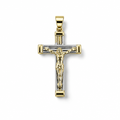 Croce bicolore in oro 18 carati con Cristo dorato, bracci scanalati dal tono bianco e terminali dorati, vista frontale
