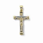 Croce bicolore in oro 18 carati con Cristo dorato, bracci scanalati dal tono bianco e terminali dorati, vista frontale
