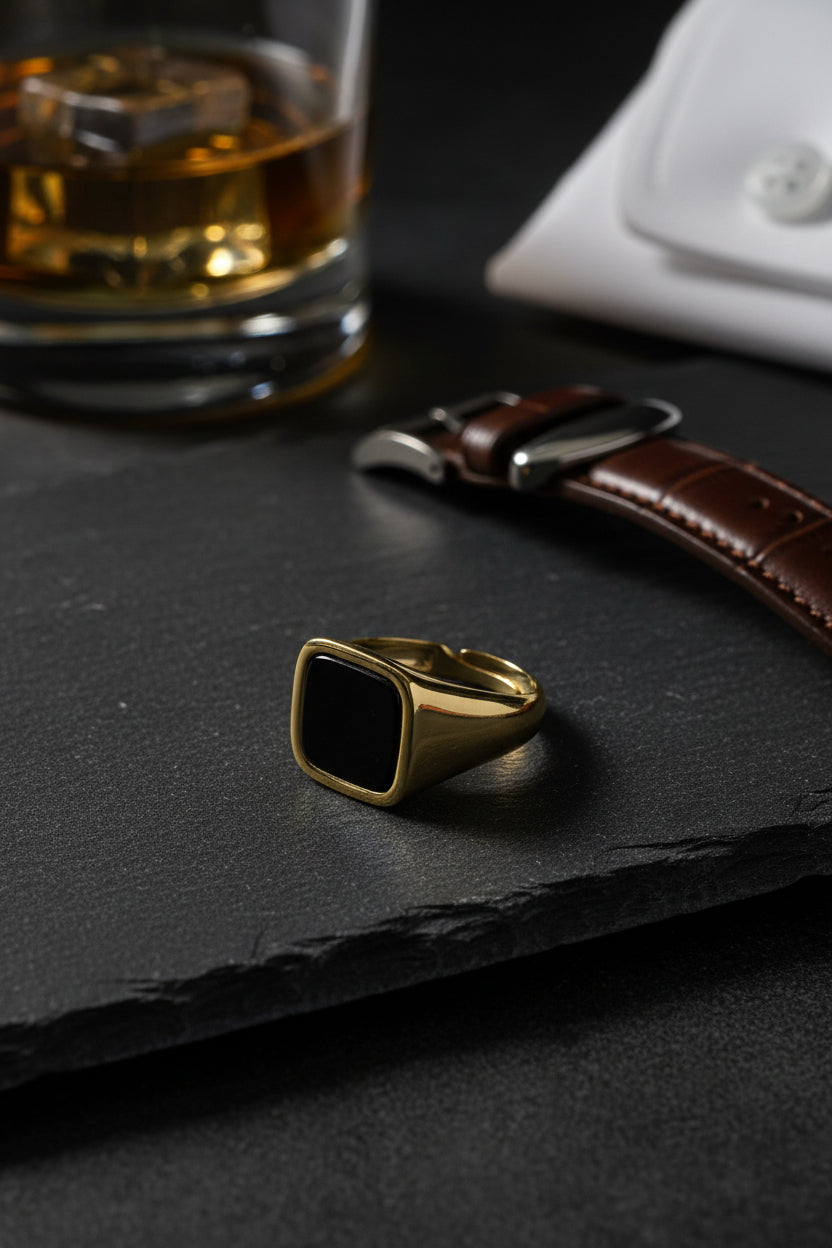 Anello Chevalier Uomo in Argento 925 Dorato con Pietra Naturale – 3 Colori, Misura Regolabile | CM Silver Jewels