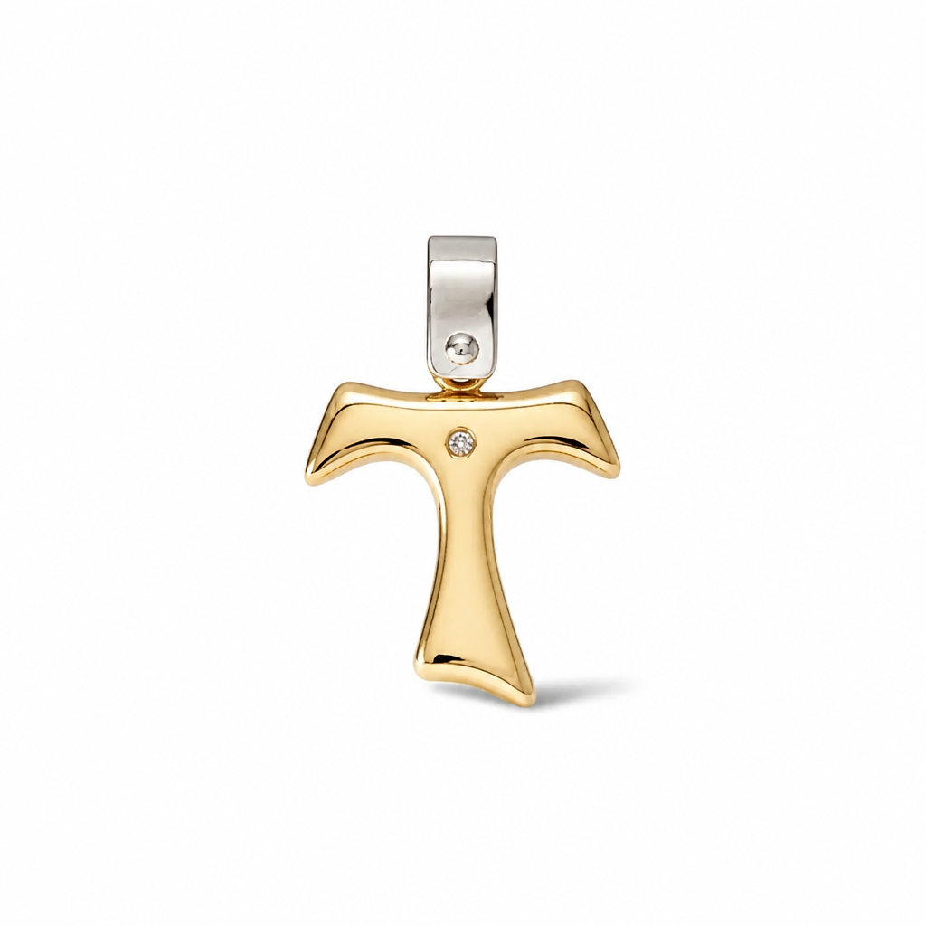 Croce Tau Bicolore in Oro 18 Carati con Diamante – 2 cm | CM Silver Jewels