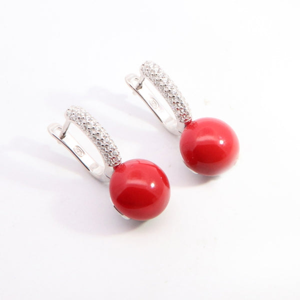 Orecchini Pendenti in Argento 925 con Madreperla e Zircone Rosso – 2 cm | CM Silver Jewels