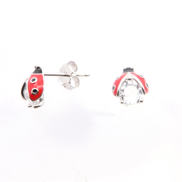 Orecchini Coccinella in Argento 925 con Zirconi Rossi – Chiusura Clip | CM Silver Jewels