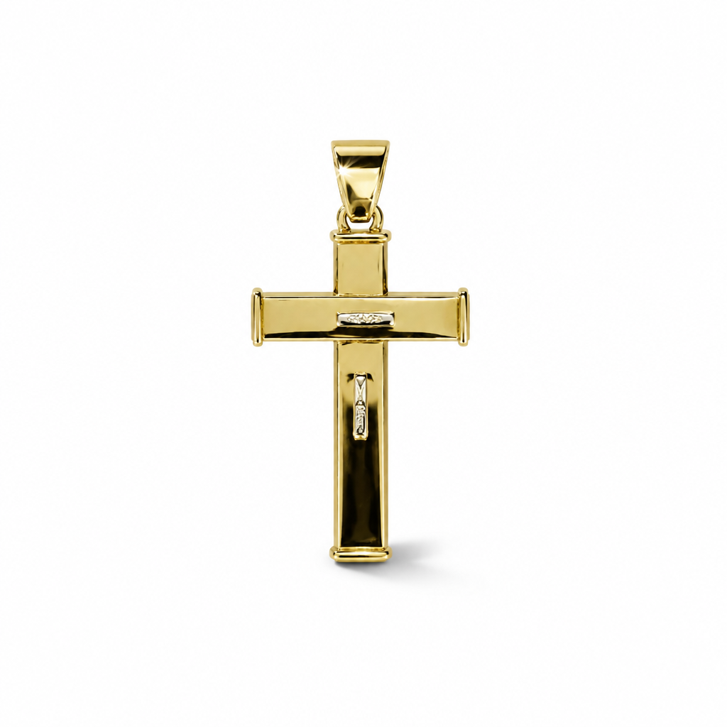 Retro della croce in oro 18 carati da 44×22 mm, con superficie lucida, bordi rialzati e contromaglia dorata
