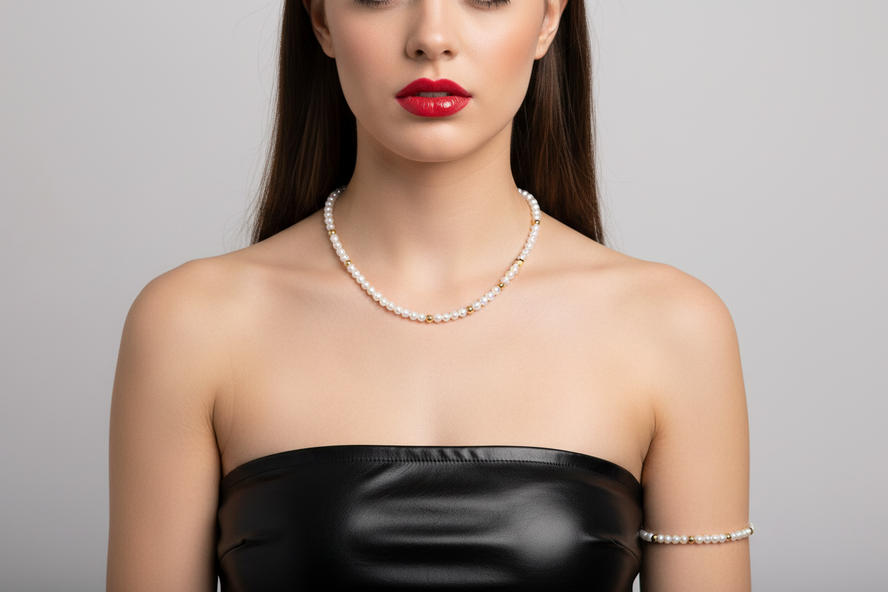 Set Artigianale - Fatto a mano - Collana e Bracciale in Argento 925 con Perle e Dettagli in Oro