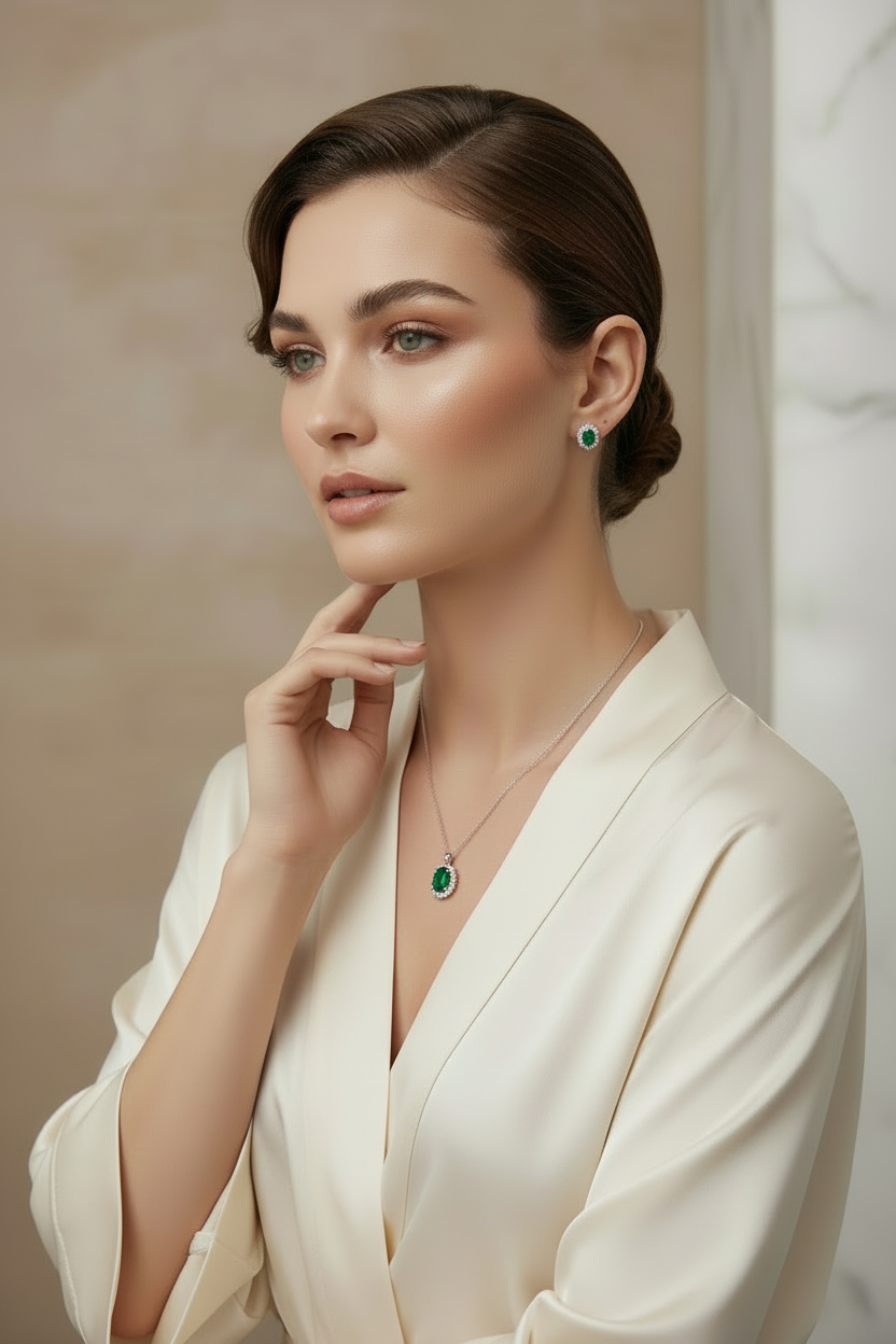 Set gioielli Kate in argento 925 con pietra verde smeraldo taglio ovale e contorno di zirconi bianchi, composto da collana e orecchini a lobo su sfondo bianco.