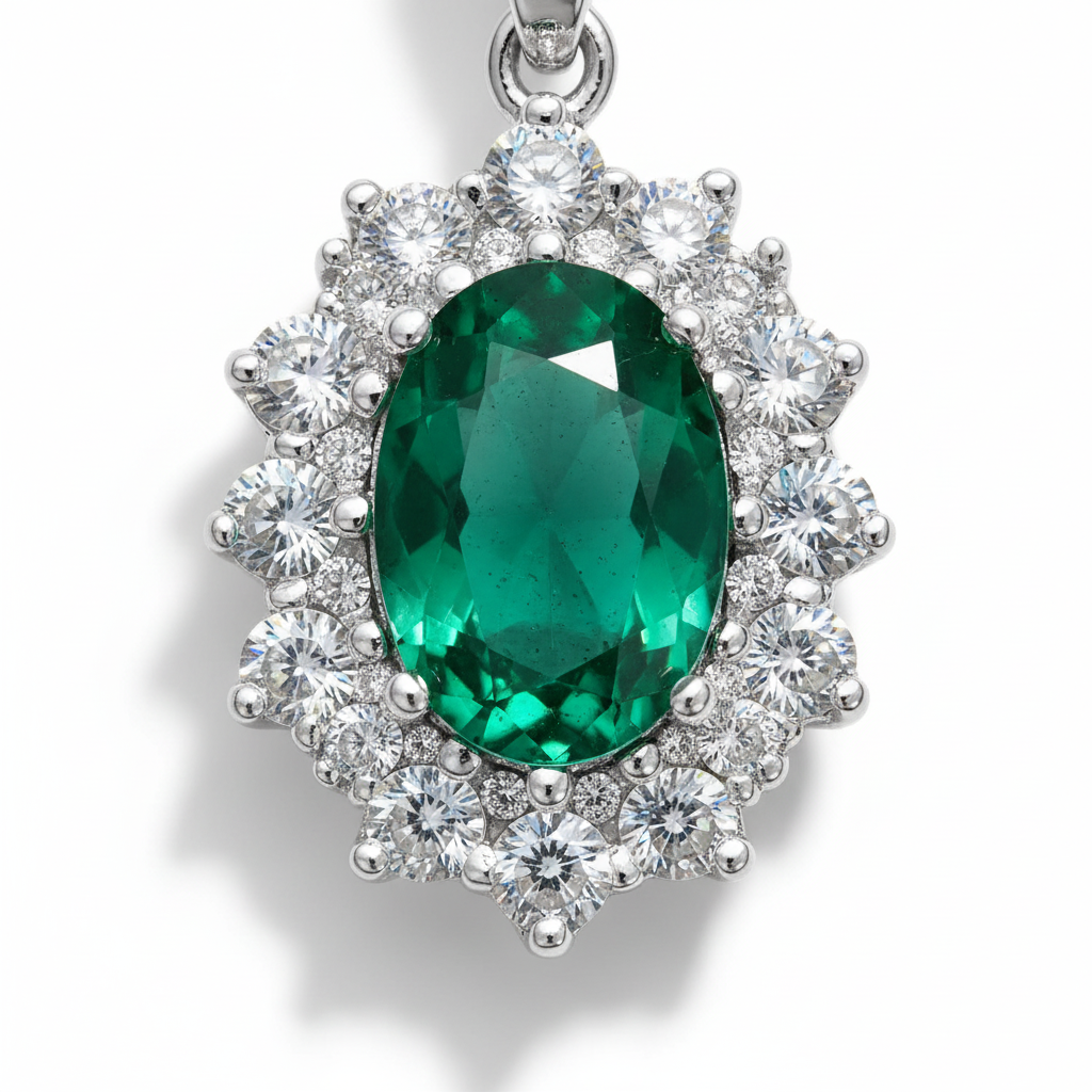 Set gioielli Kate in argento 925 con pietra verde smeraldo taglio ovale e contorno di zirconi bianchi, composto da collana e orecchini a lobo su sfondo bianco.