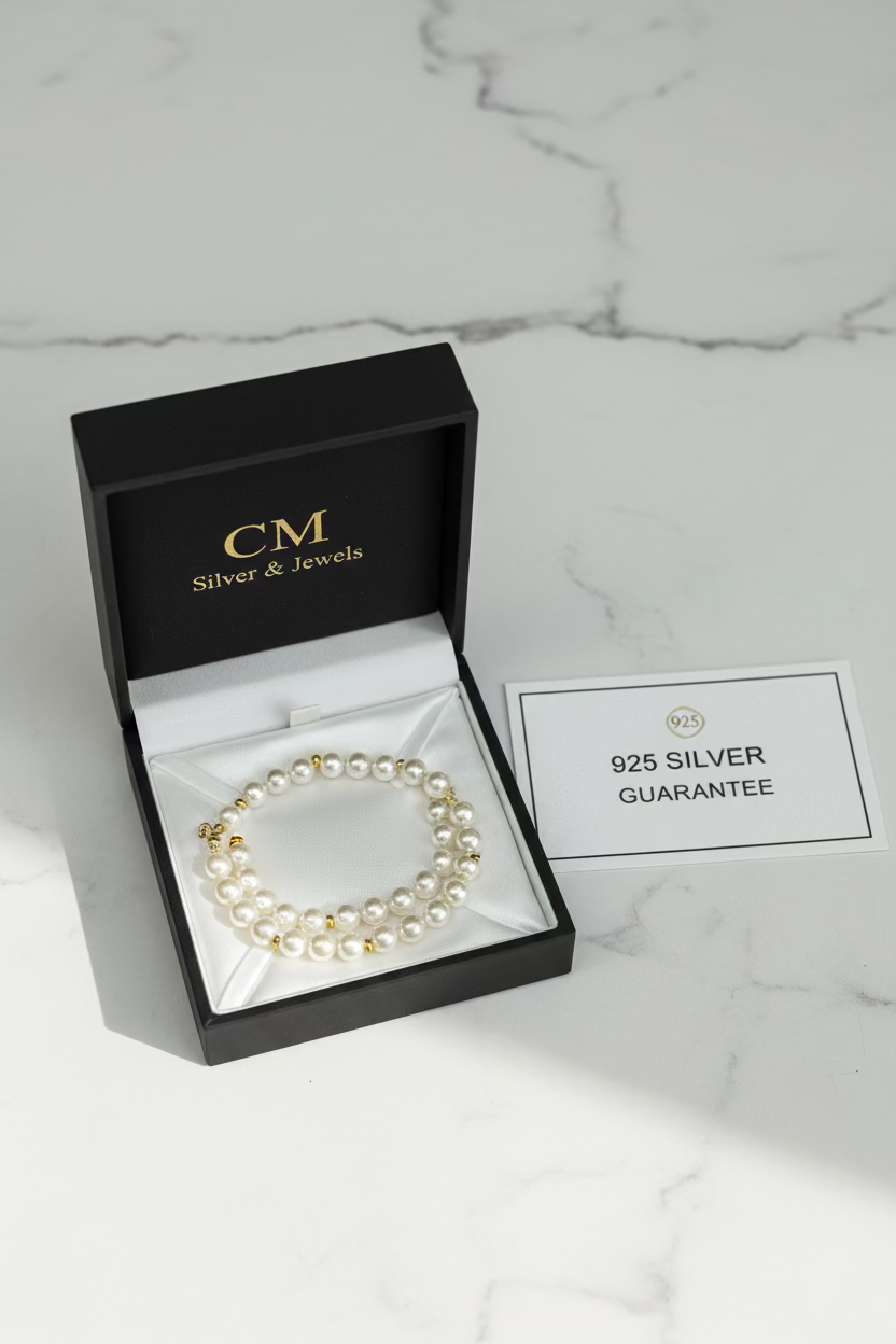 Bracciale con Perle e Dettagli Dorati in Argento 925 – 18 cm | CM Silver Jewels