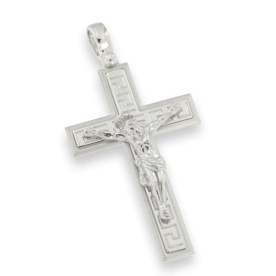 Crocifisso Grande in Argento 925 – Cristo in Rilievo con Decoro Greco | CM Silver Jewels