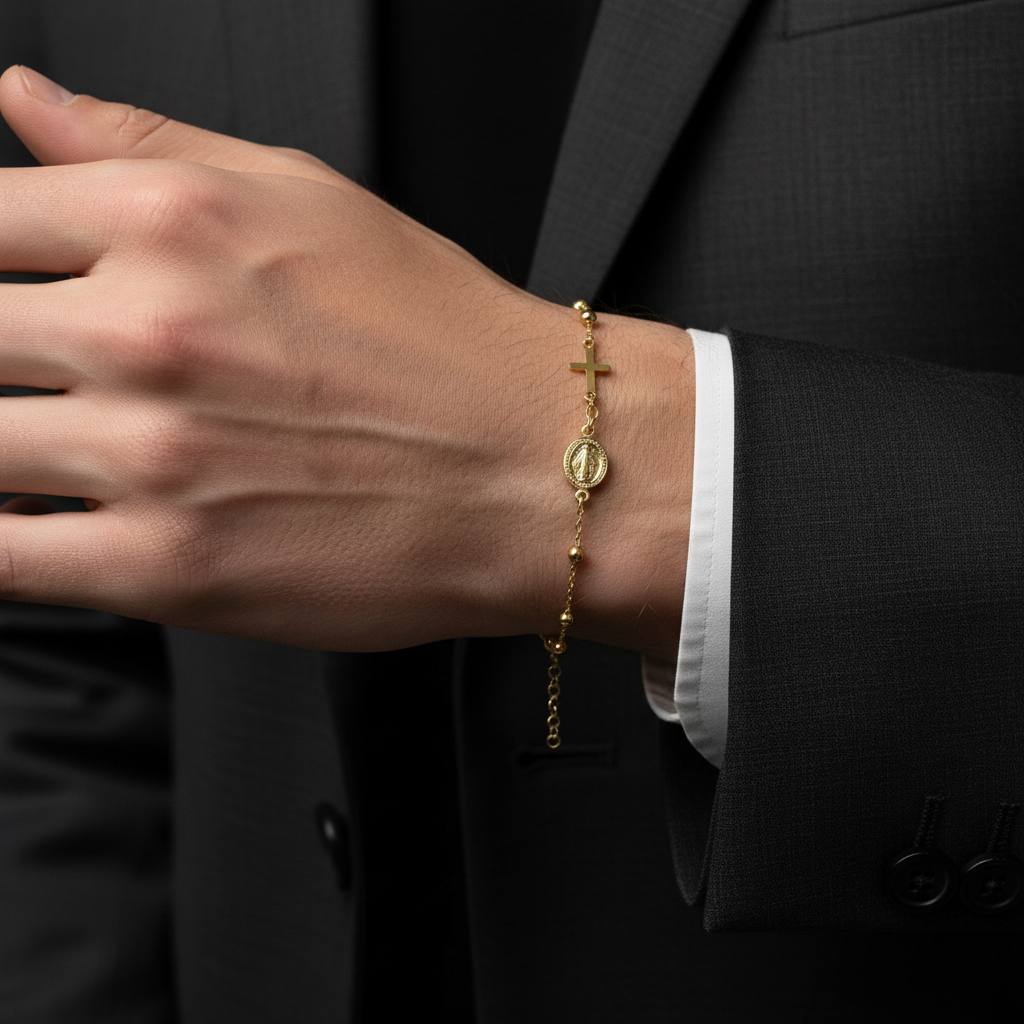 Bracciale Rosario in Argento 925 Placcato Oro Giallo con Croce e Medaglietta – Regolabile 16–21 cm