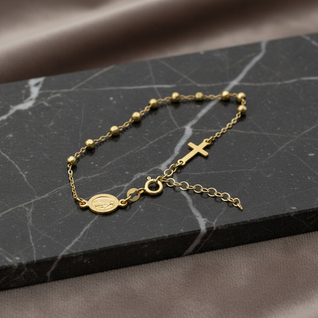 Bracciale Rosario in Argento 925 Placcato Oro Giallo con Croce e Medaglietta – Regolabile 16–21 cm