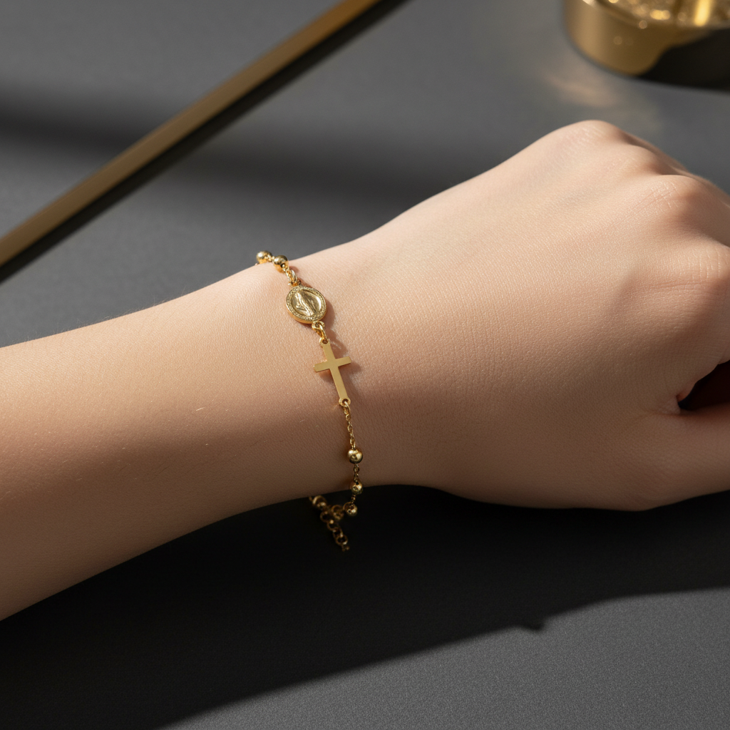 Bracciale Rosario in Argento 925 Placcato Oro Giallo con Croce e Medaglietta – Regolabile 16–21 cm