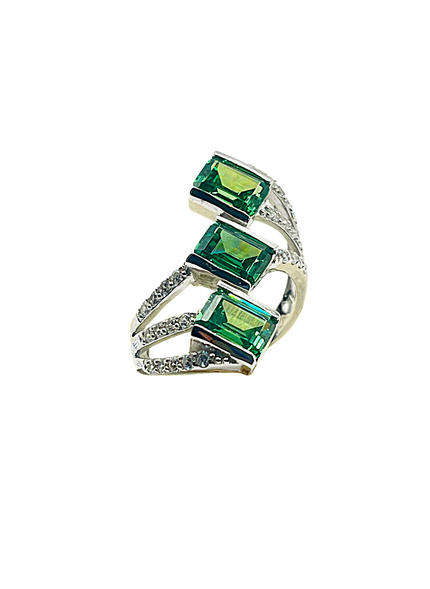 Anello Donna in Argento 925 con Pietre Verdi Taglio Smeraldo e Zirconi – Design Elegante a Tre Pietre