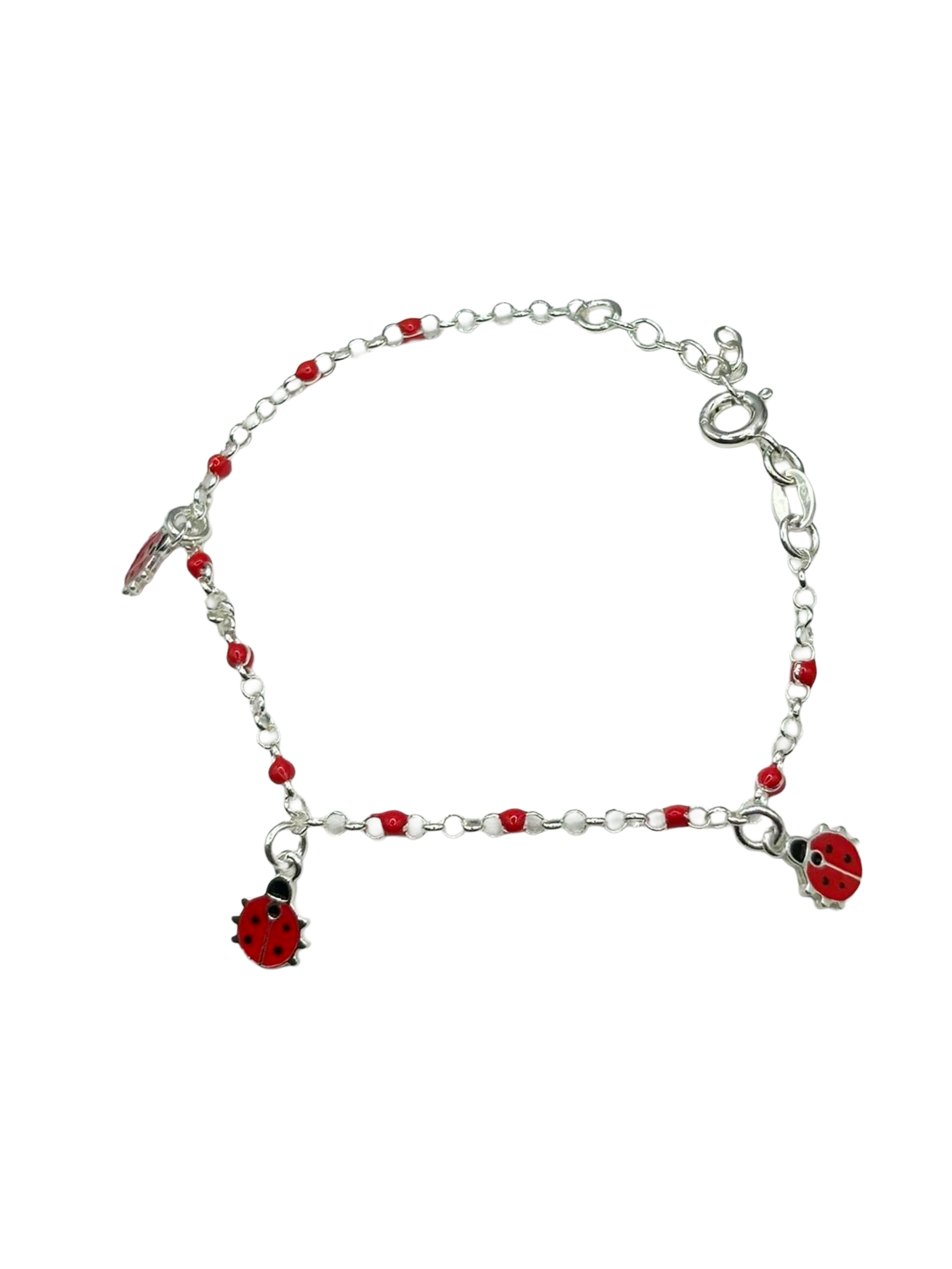 925 Silver Baby Bracelet with Red Enameled Ladybugs