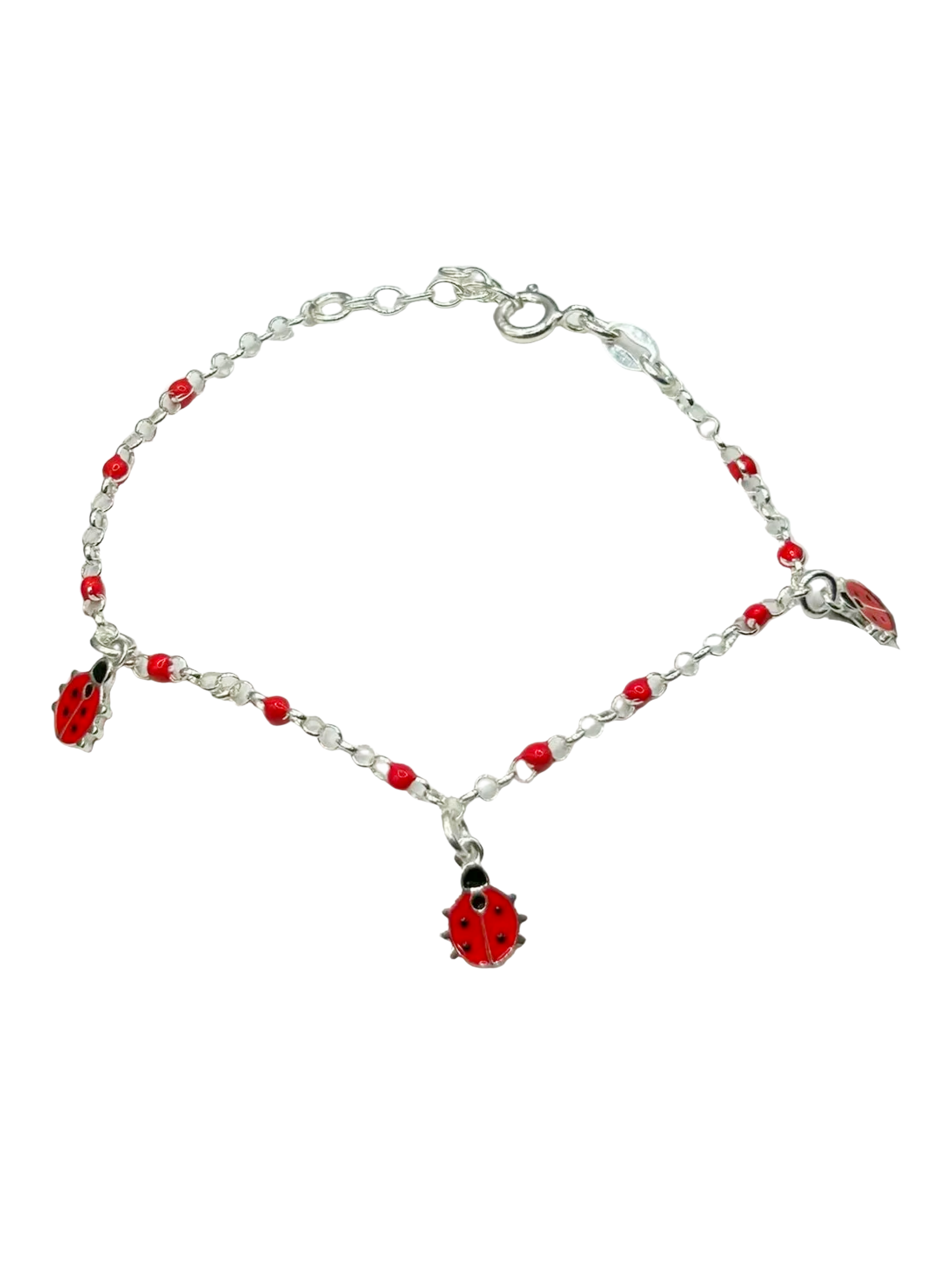 925 Silver Baby Bracelet with Red Enameled Ladybugs