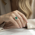 925 Silver Ring with Emerald Green Zircon and White Zircon Pavé