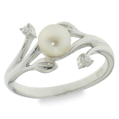 Anello in Argento 925 con Perla e Zirconi – Design Botanico | CM Silver Jewels