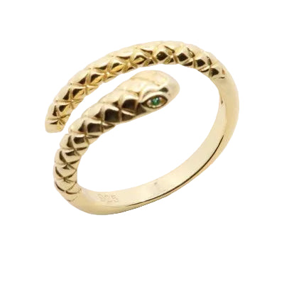 925 Gold Plated Silver Snake Ring with Green Eyes – Adjustable Size | CM Silver Jewels