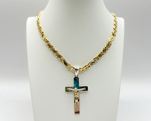 Set Collana in Argento 925 Placcato Oro con Croce Bicolore – 50 cm, 5 mm | CM Silver Jewels