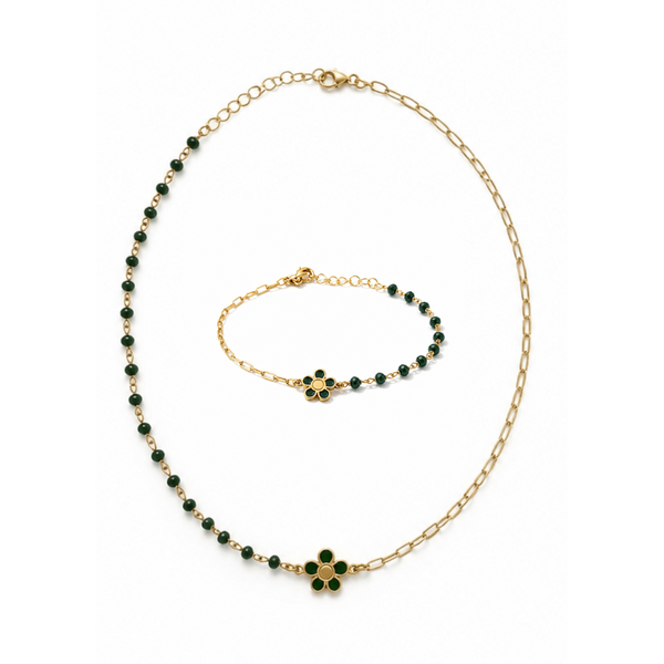 Parure Collier et Bracelet Dorés avec Cristaux Vert Émeraude et Fleur – Design Asymétrique | CM Silver Jewels