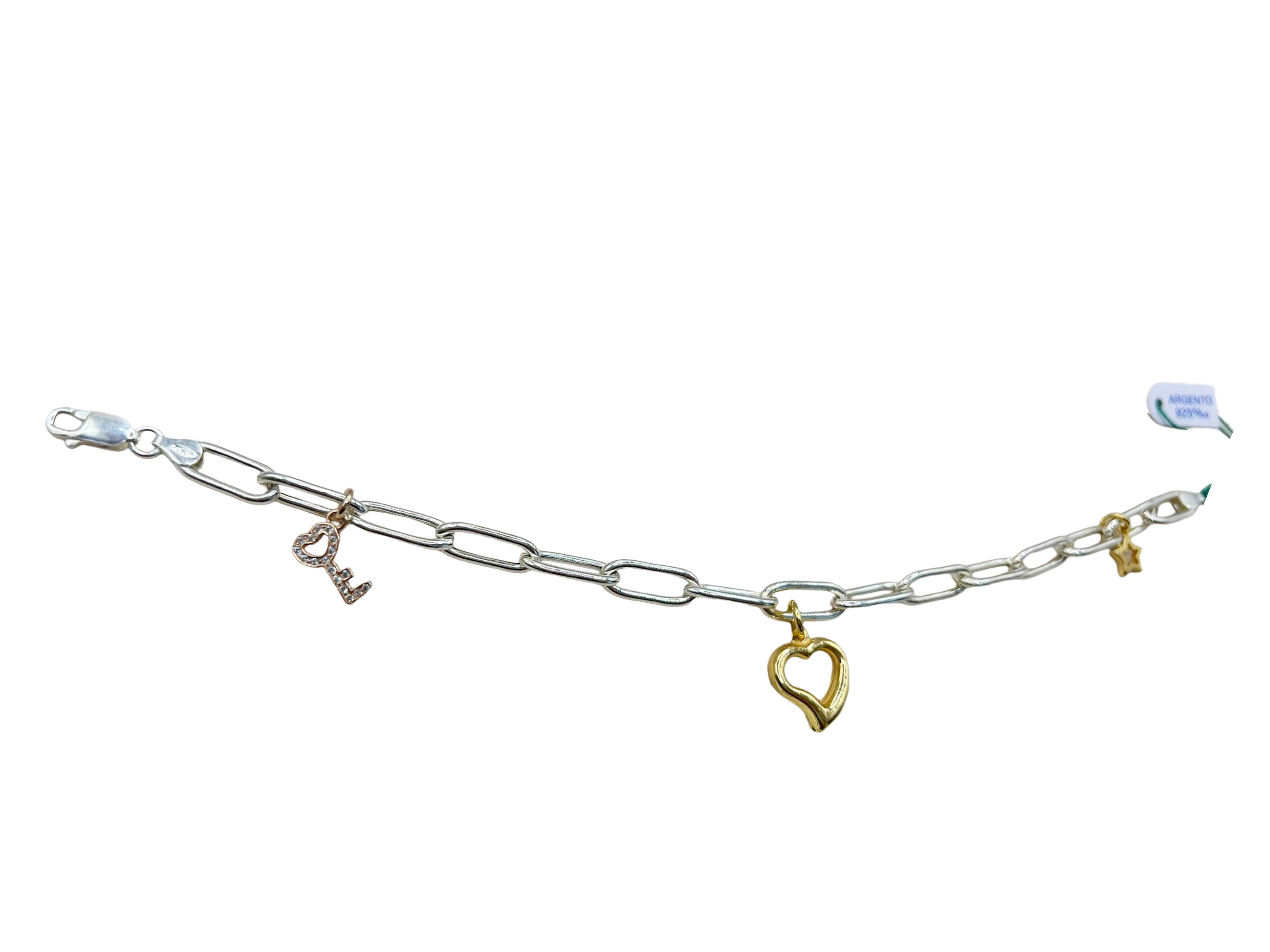 925 Silver Bracelet with Heart, Star and Padlock Charms
