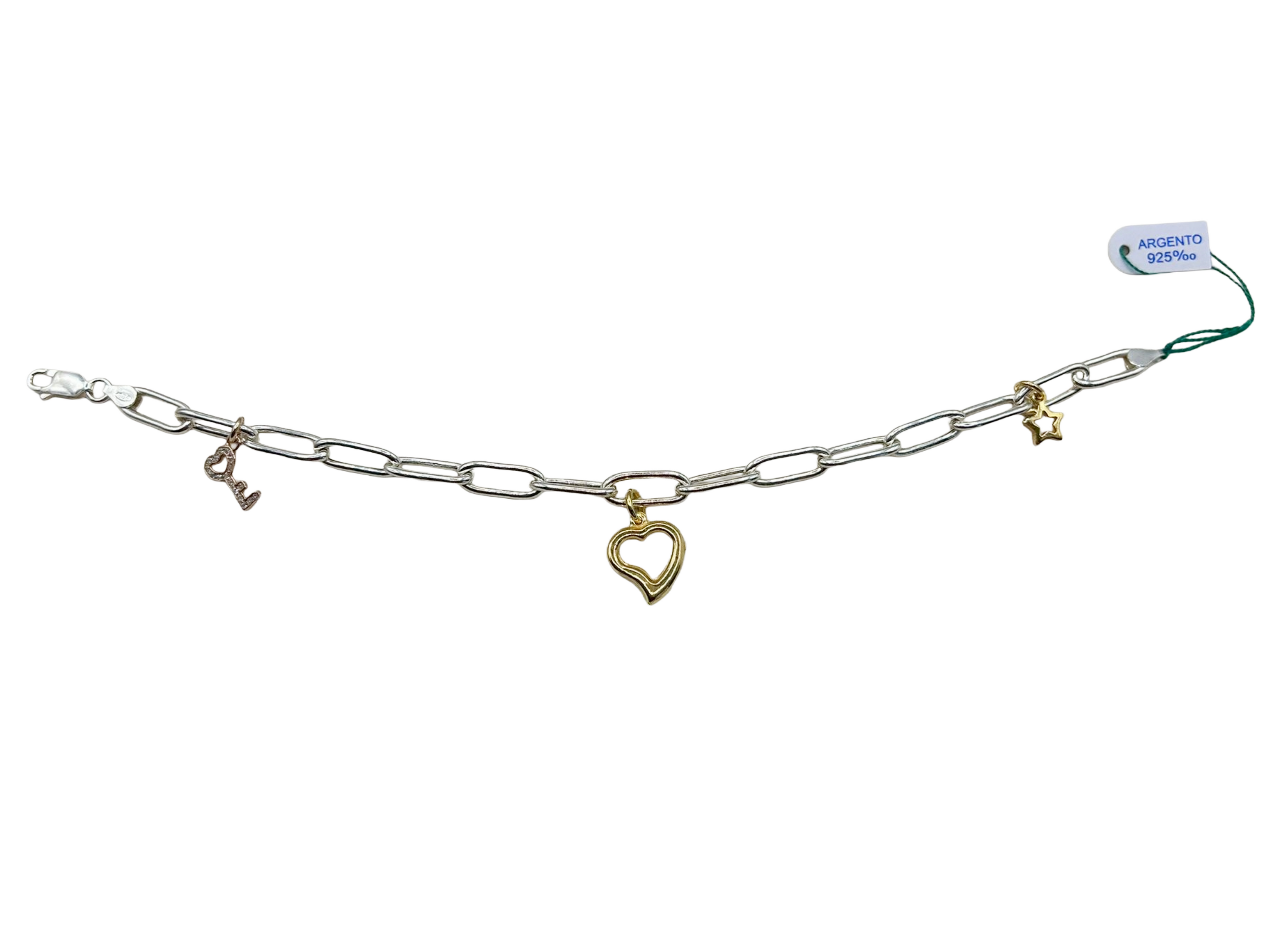 925 Silver Bracelet with Heart, Star and Padlock Charms