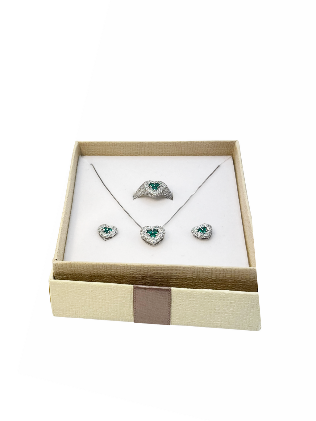 Ensemble collier, bague ajustable et boucles d'oreilles en argent 925 – Collier cœur en cristal vert et zirconias