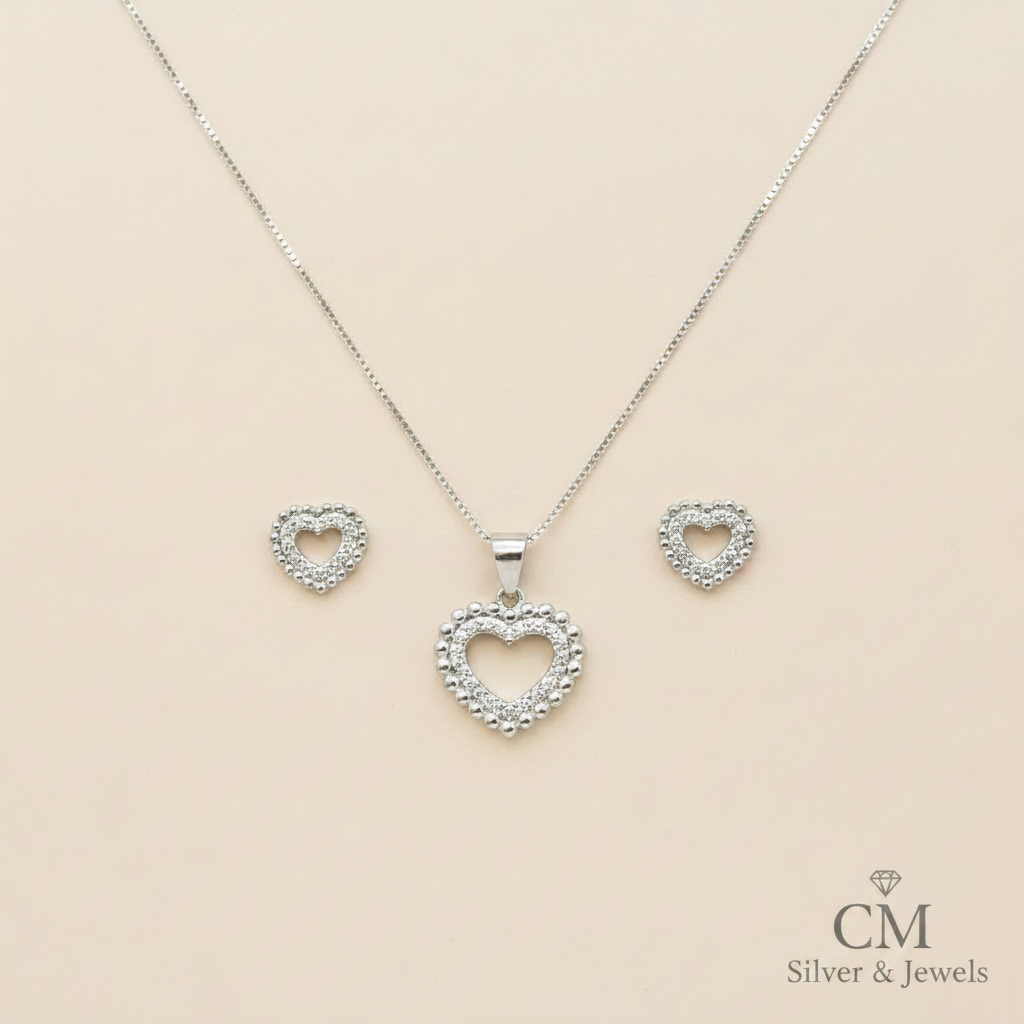 925 Silver Heart Necklace and Earrings Set – Brilliant Zirconia
