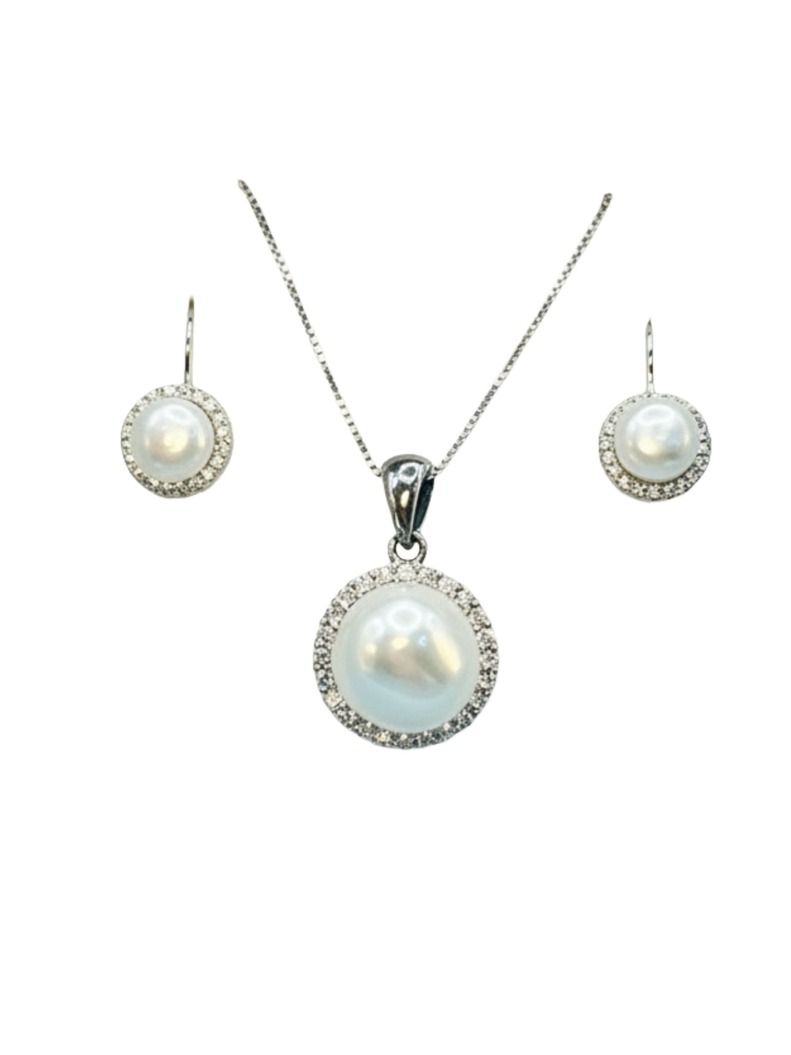 Ensemble collier et boucles d'oreilles en argent 925 et perles – Zirconium brillant