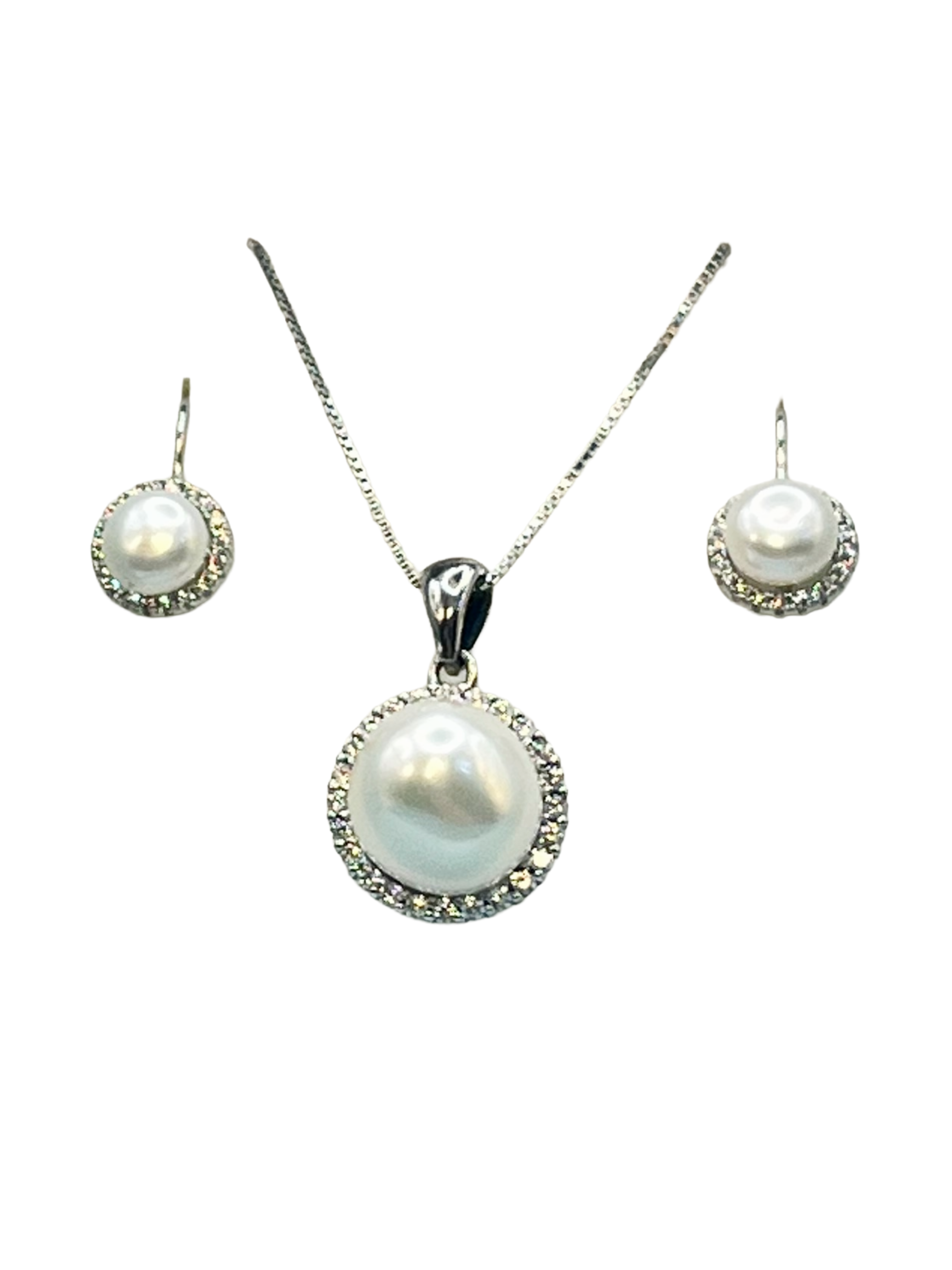 Ensemble collier et boucles d'oreilles en argent 925 et perles – Zirconium brillant