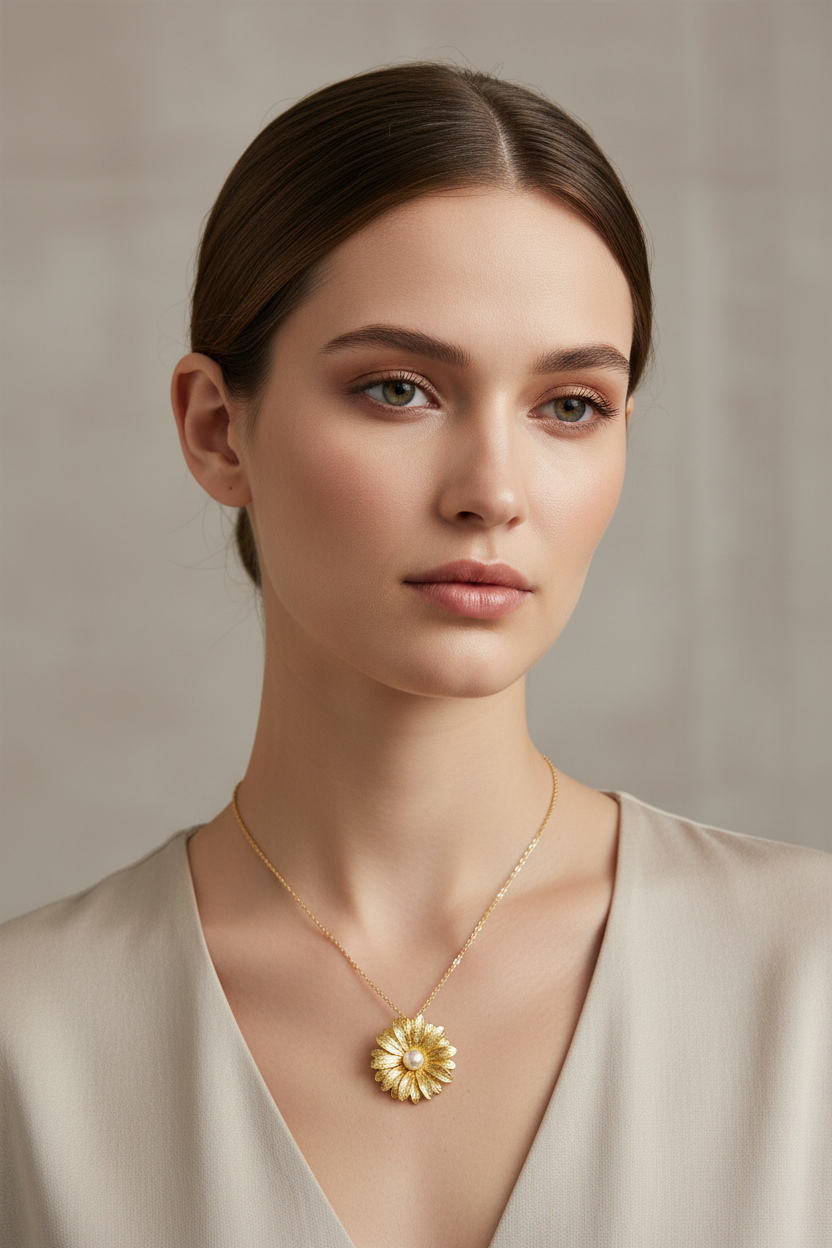 Collier en argent plaqué or 925 orné d'une fleur et d'une perle