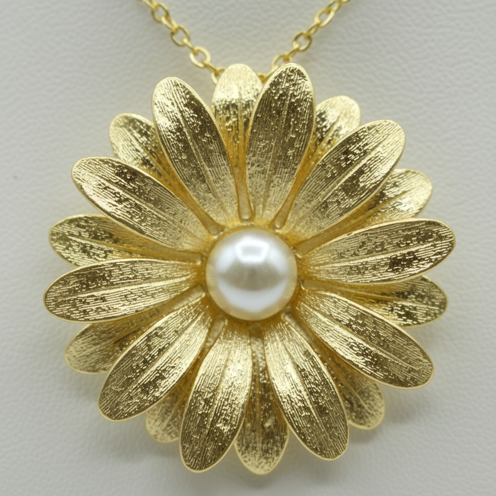 Collier en argent plaqué or 925 orné d'une fleur et d'une perle