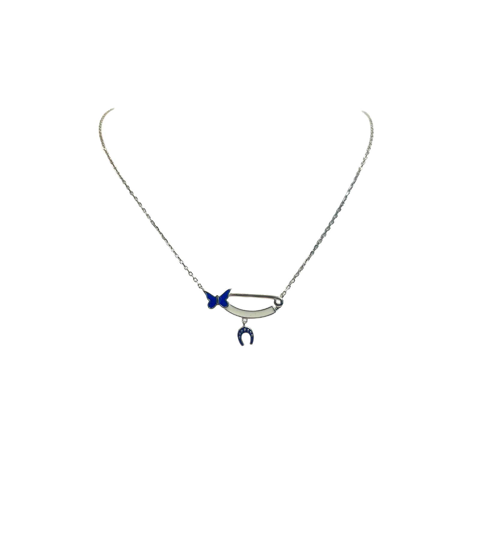 Collana in Argento 925 con Spilla, Farfallina Blu e Ciondolo Portafortuna – Eleganza e Protezione