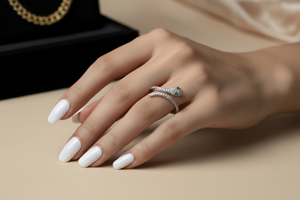 anello serpente in argento e ricoperto di zirconi