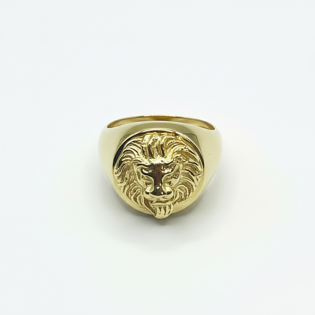 Men's Lion Head Ring in 925 Silver Plated with Yellow Gold – Adjustable Size