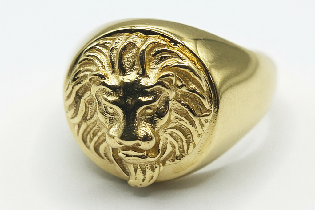Men's Lion Head Ring in 925 Silver Plated with Yellow Gold – Adjustable Size
