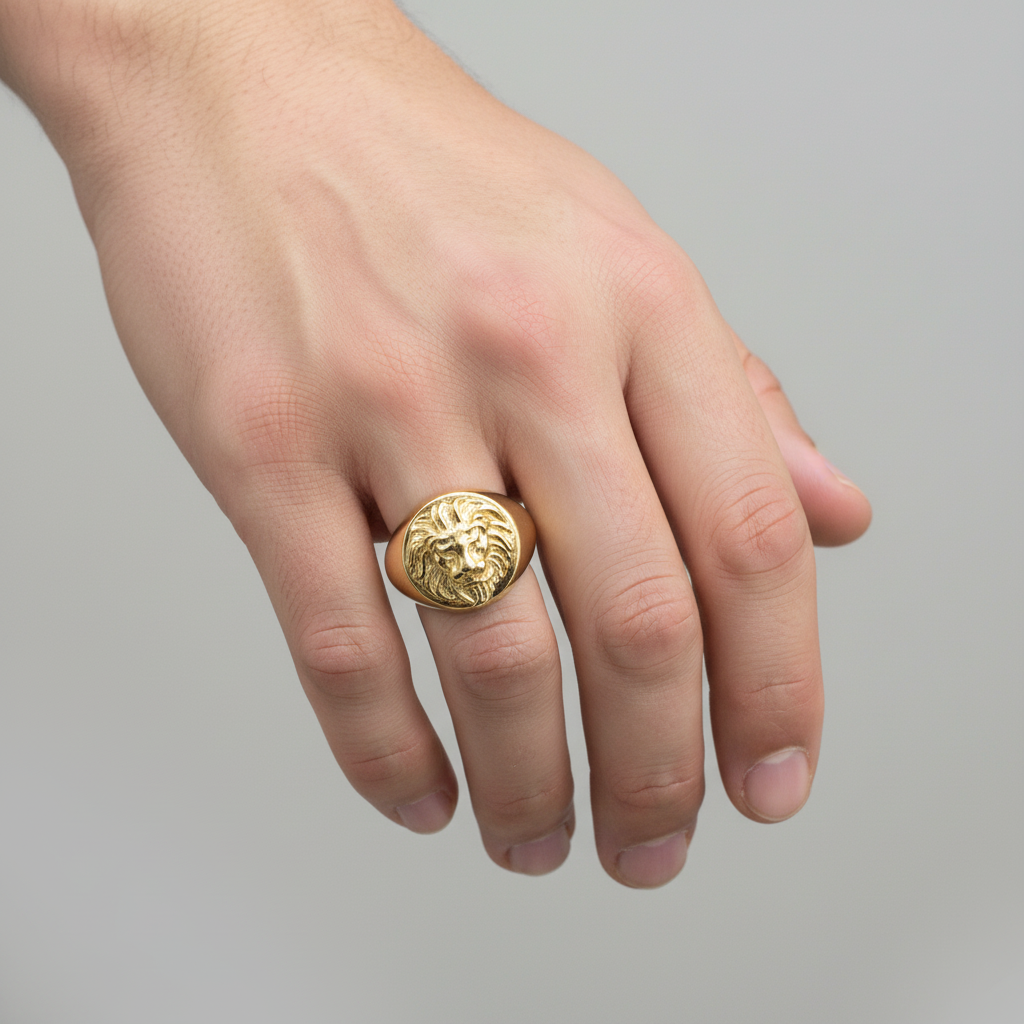 Men's Lion Head Ring in 925 Silver Plated with Yellow Gold – Adjustable Size