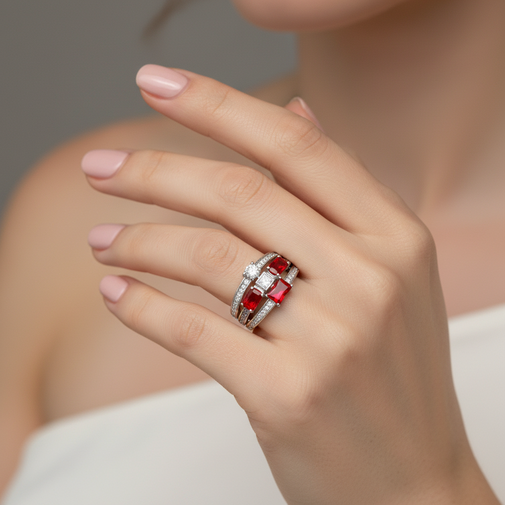 Women's 925 Silver Ring with Synthetic Rubies and Zirconia – Elegant Multi-Band Design