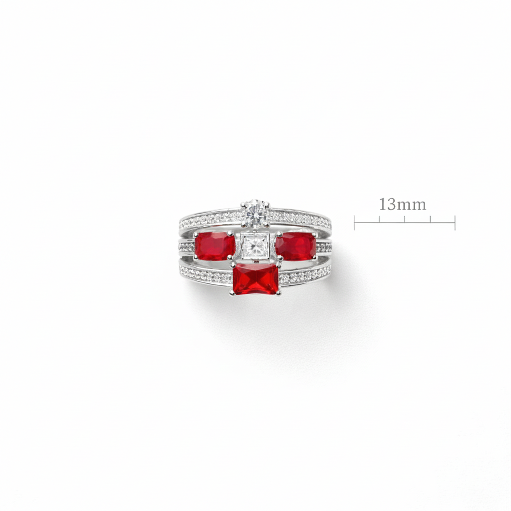 Women's 925 Silver Ring with Synthetic Rubies and Zirconia – Elegant Multi-Band Design