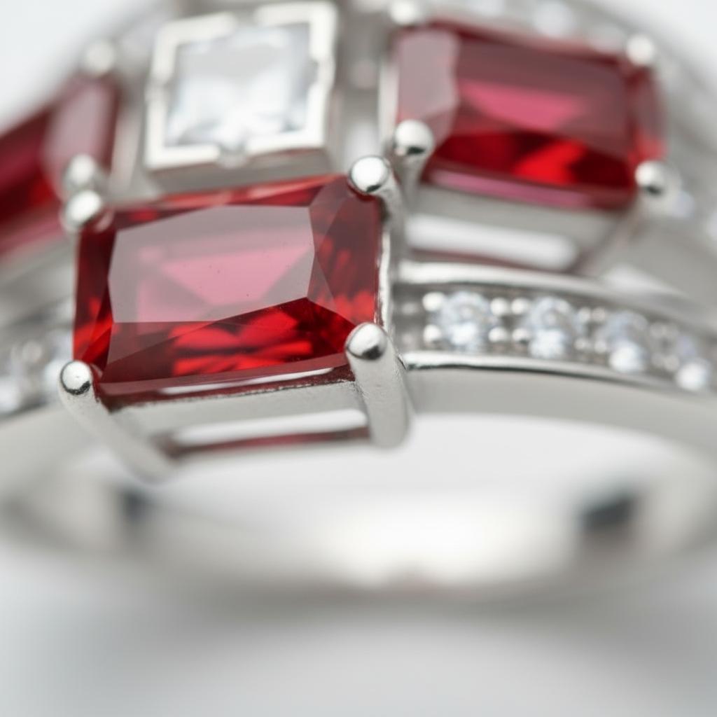 Women's 925 Silver Ring with Synthetic Rubies and Zirconia – Elegant Multi-Band Design