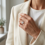 Anello in argento 925 con pietra rettangolare trasparente indossato su una mano che sfiora il rever di un blazer chiaro.